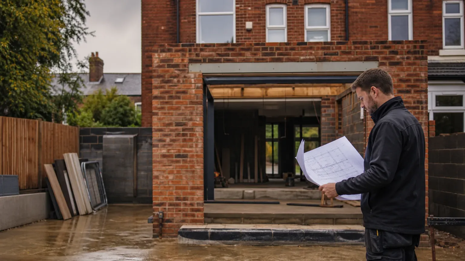 Illustrative AI-generated builder checking plans beside a brick home extension